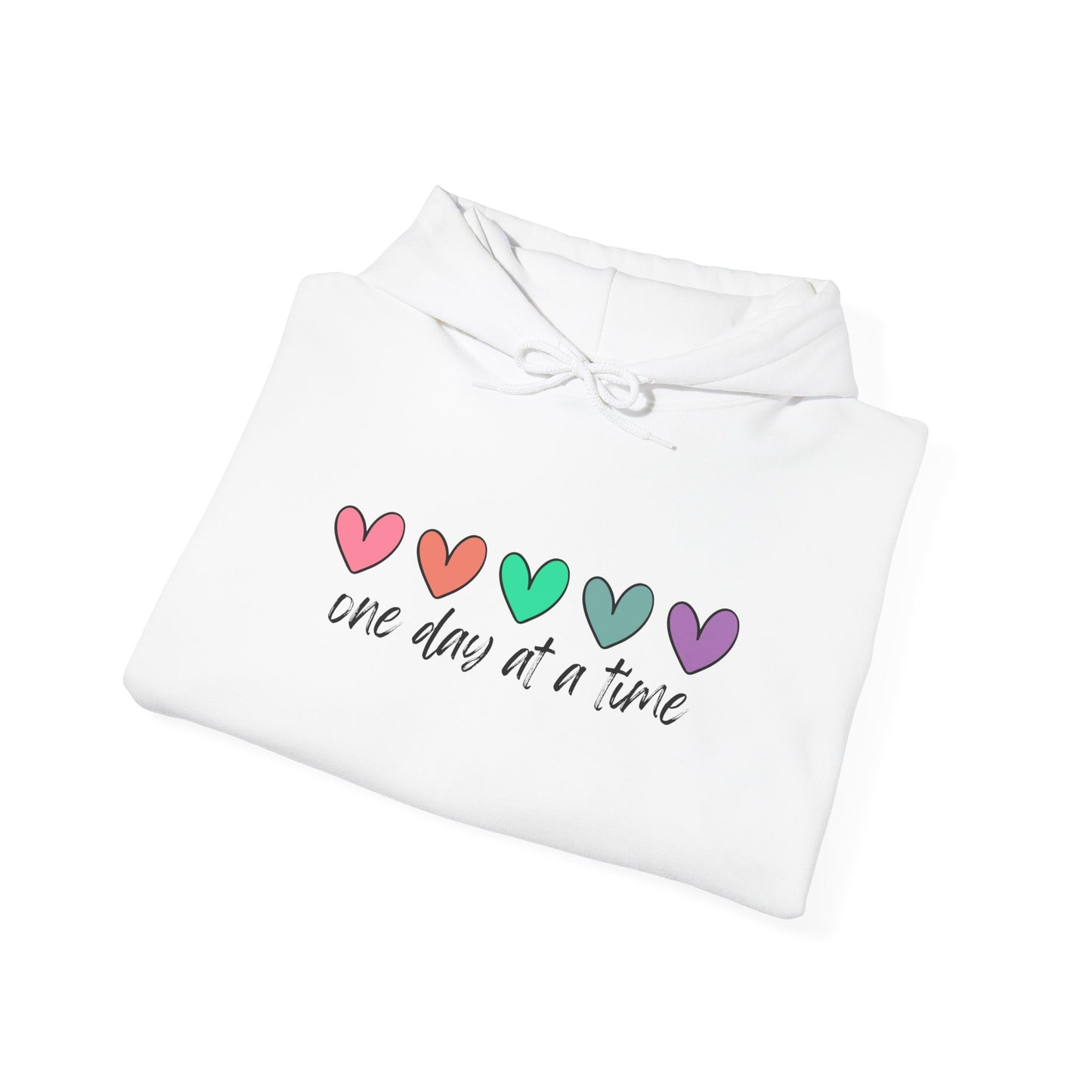 Colorful Heart Sweatshirt - 'One Day at a Time' Inspirational Hoodie, Cozy Gift for Her, Relaxed Style, Self-Care Apparel, Everyday Wear