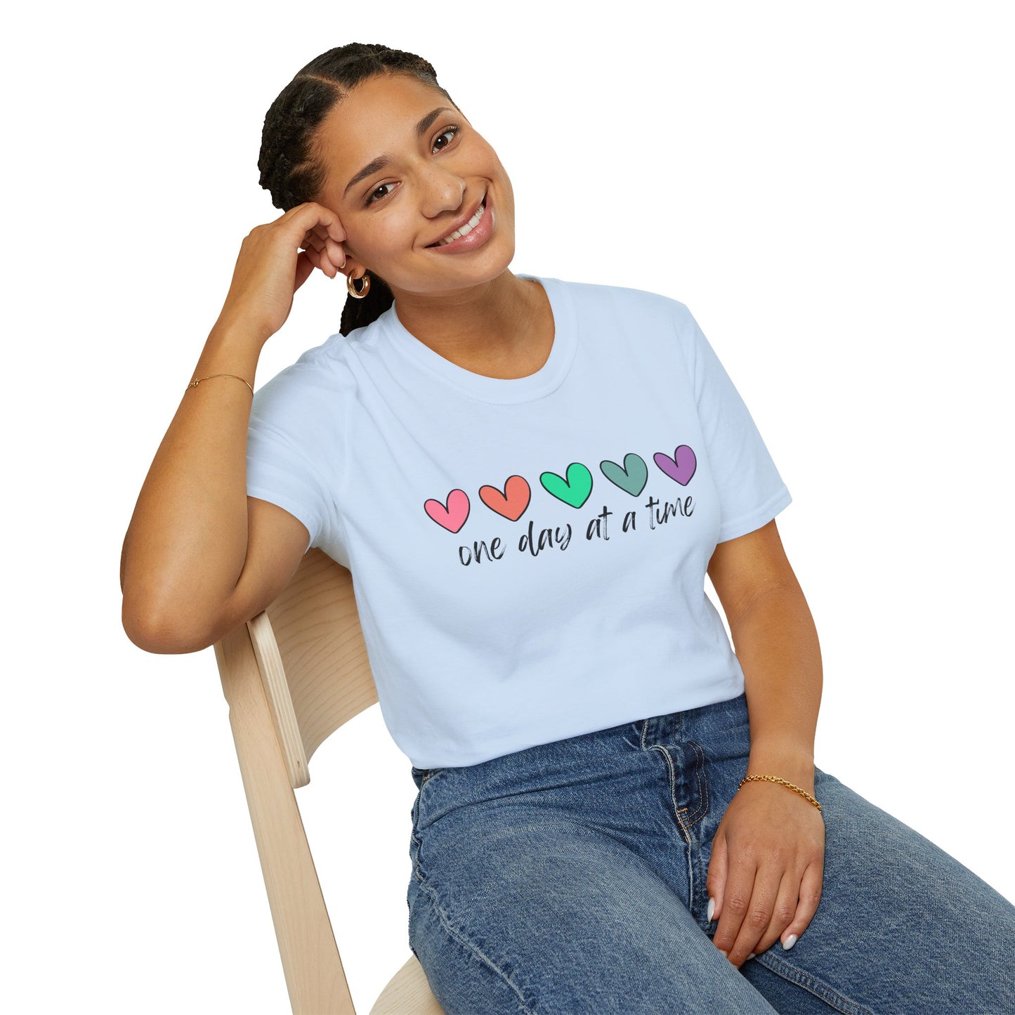 Colorful Heart T-Shirt - One Day at a Time, Cute Casual Tee, Positive Affirmation Clothing, Gift for Friends, Everyday Wear