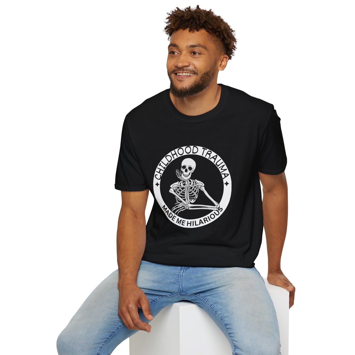 Funny Skeleton T-Shirt - Childhood Trauma Made Me Hilarious, Unisex Softstyle Tee