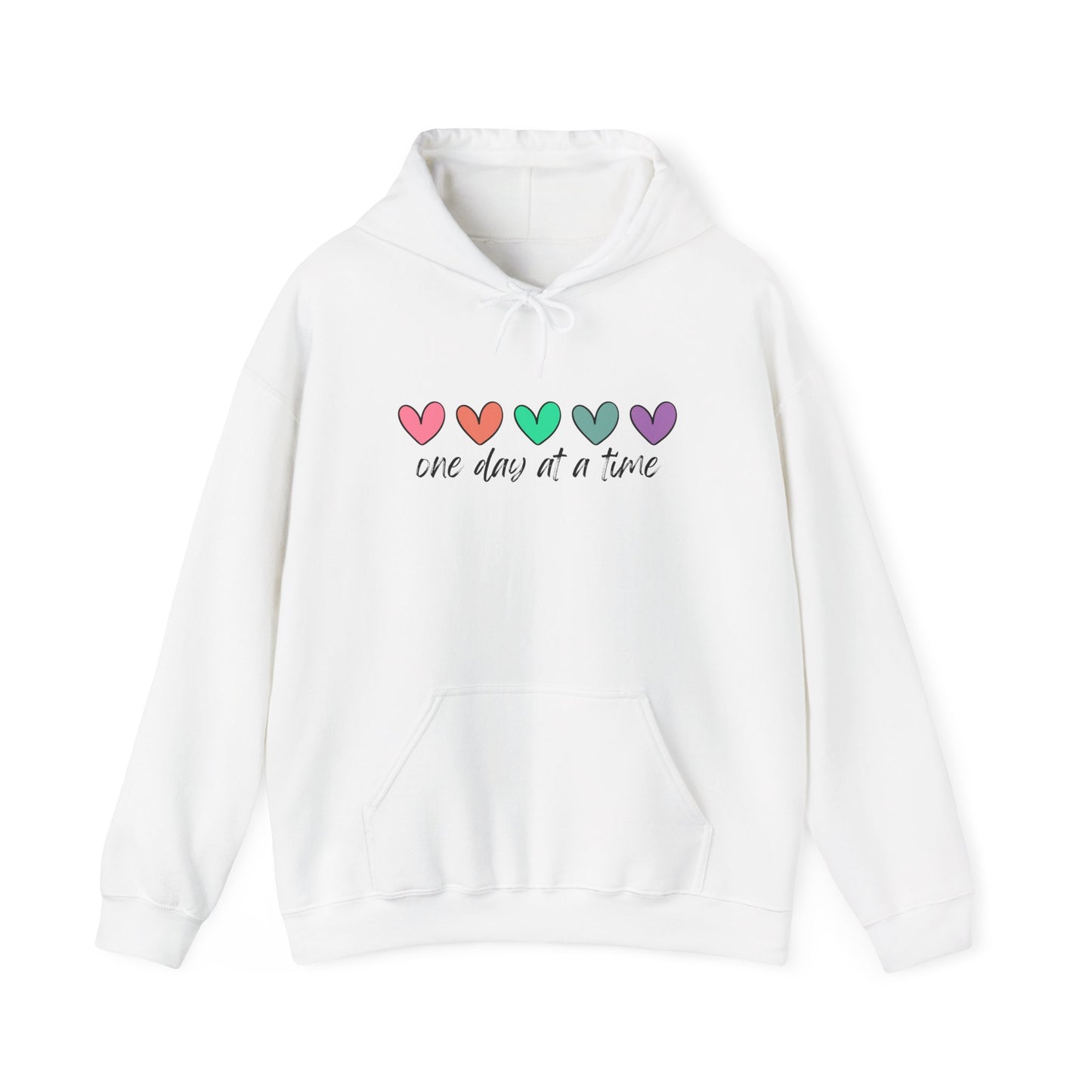 Colorful Heart Sweatshirt - 'One Day at a Time' Inspirational Hoodie, Cozy Gift for Her, Relaxed Style, Self-Care Apparel, Everyday Wear