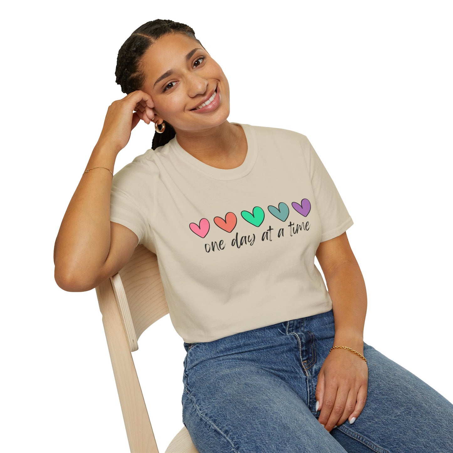 Colorful Heart T-Shirt - One Day at a Time, Cute Casual Tee, Positive Affirmation Clothing, Gift for Friends, Everyday Wear