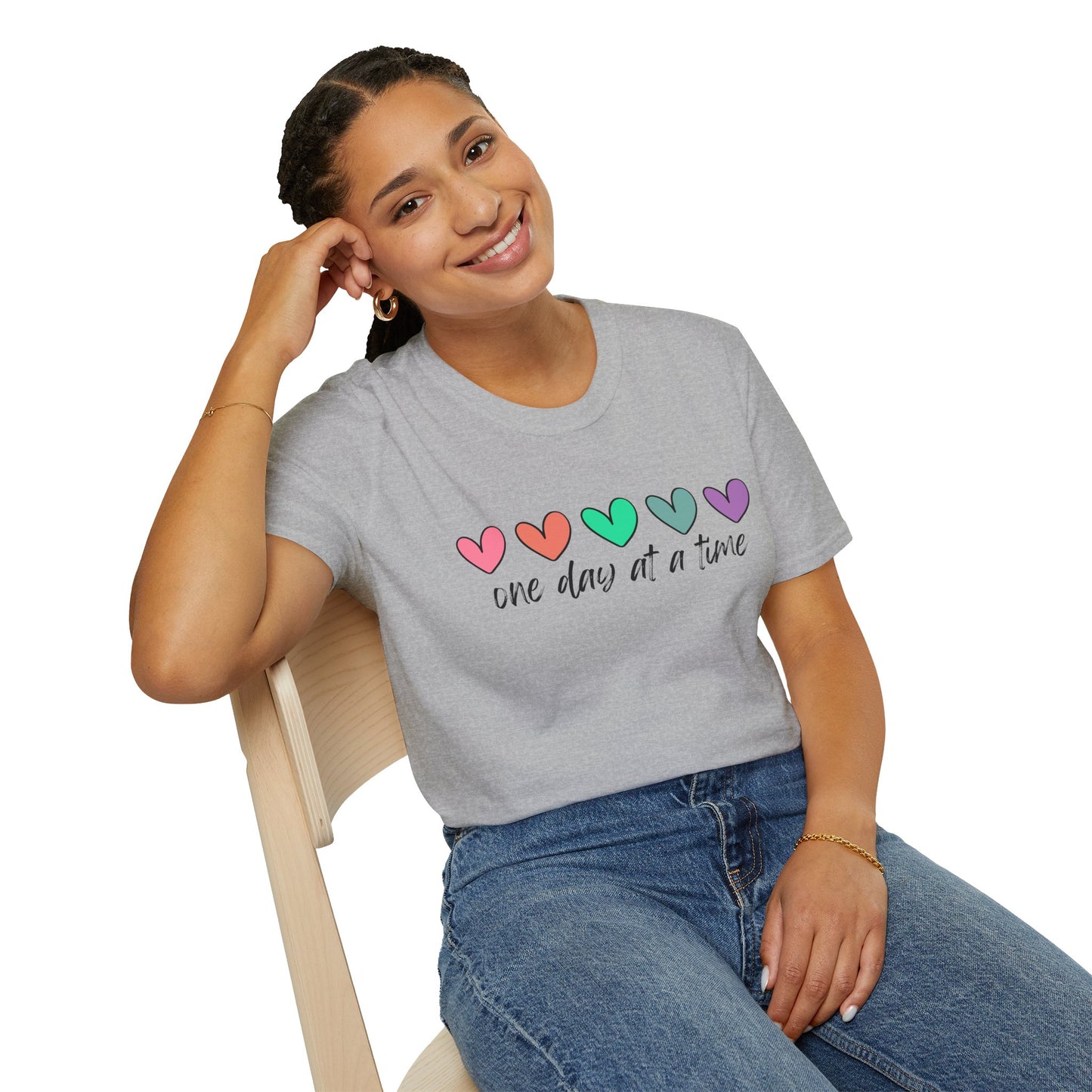 Colorful Heart T-Shirt - One Day at a Time, Cute Casual Tee, Positive Affirmation Clothing, Gift for Friends, Everyday Wear