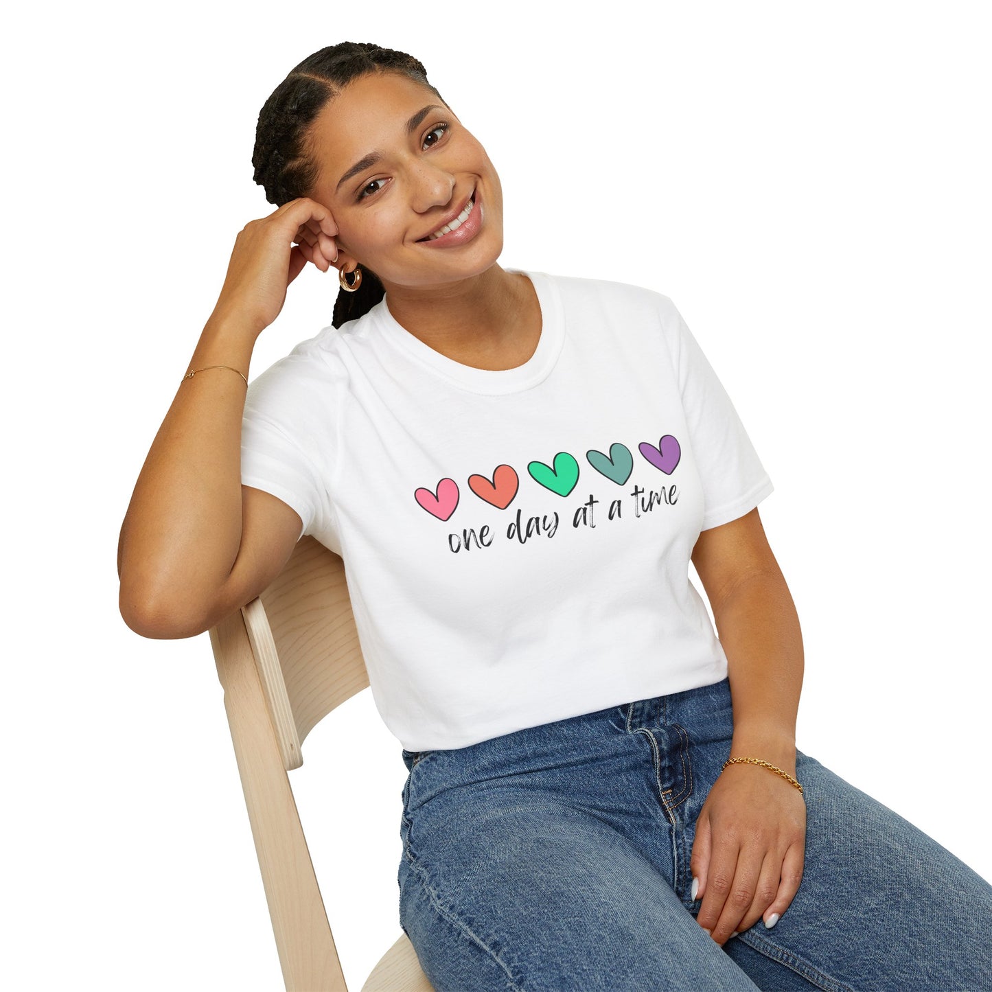 Colorful Heart T-Shirt - One Day at a Time, Cute Casual Tee, Positive Affirmation Clothing, Gift for Friends, Everyday Wear