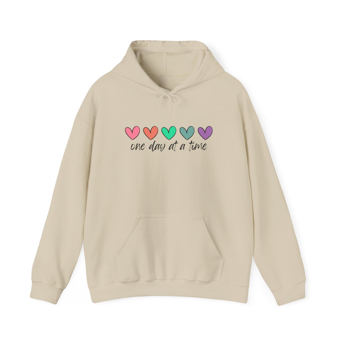Colorful Heart Sweatshirt - 'One Day at a Time' Inspirational Hoodie, Cozy Gift for Her, Relaxed Style, Self-Care Apparel, Everyday Wear