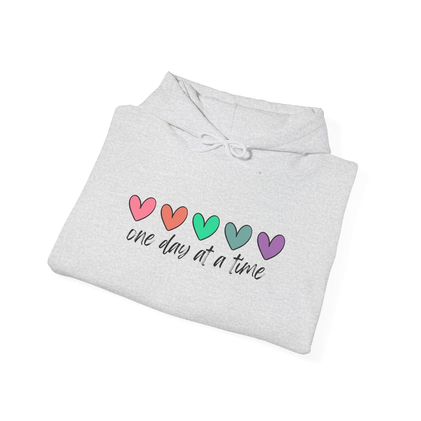 Colorful Heart Sweatshirt - 'One Day at a Time' Inspirational Hoodie, Cozy Gift for Her, Relaxed Style, Self-Care Apparel, Everyday Wear