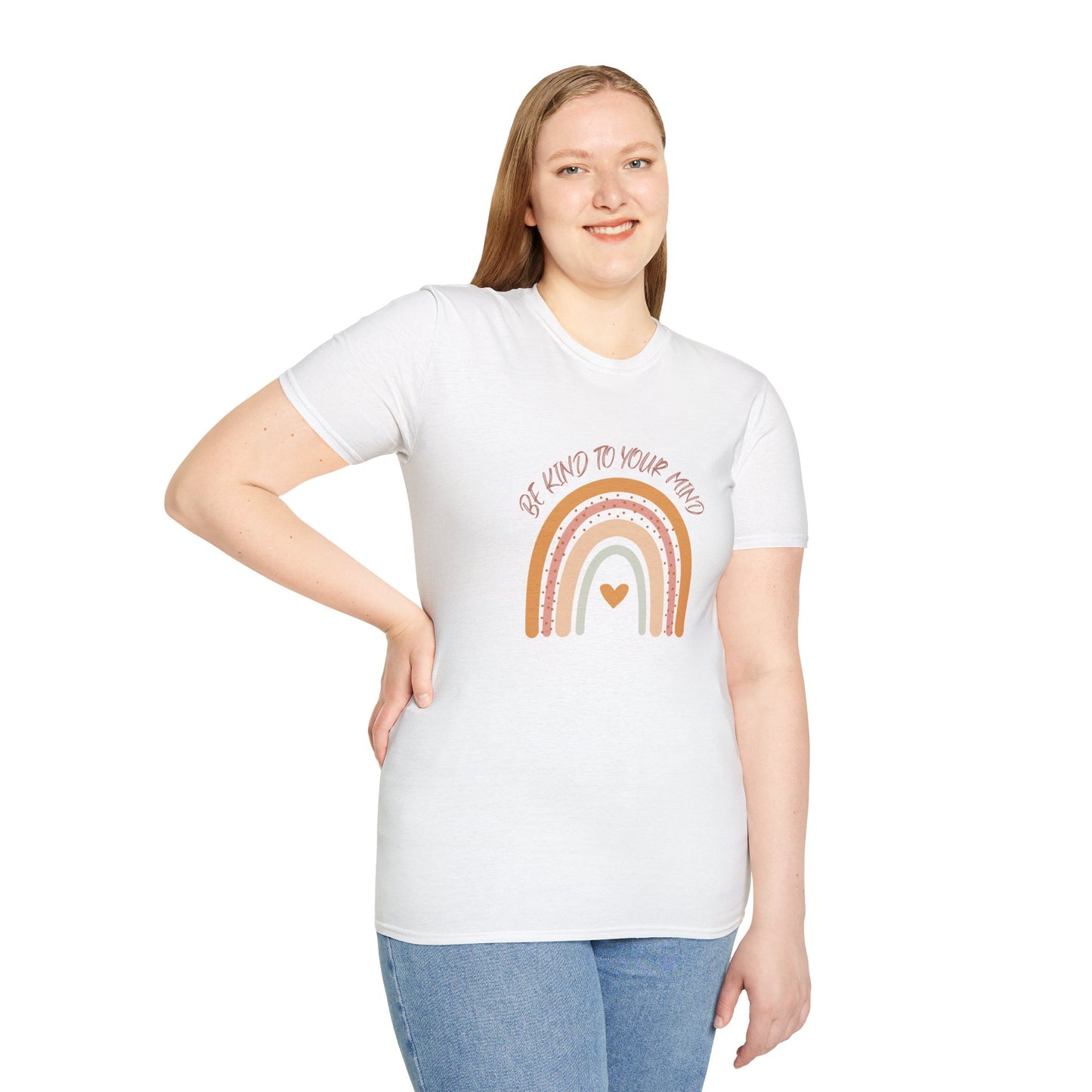 Unisex Softstyle T-Shirt with 'Be Kind to Your Mind' Rainbow Design, Motivational Apparel, Gift for Mental Health Awareness, Self-Care [...]