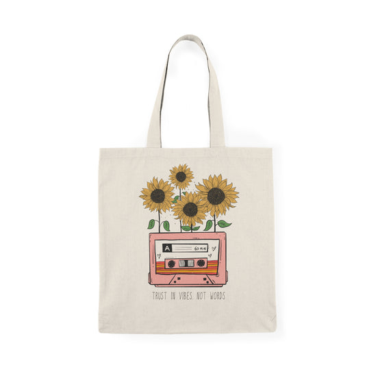 Vintage-Inspired Natural Tote Bag with Sunflowers & Cassette Design, Eco-Friendly, Perfect for Gifts, Shopping, and Everyday Use