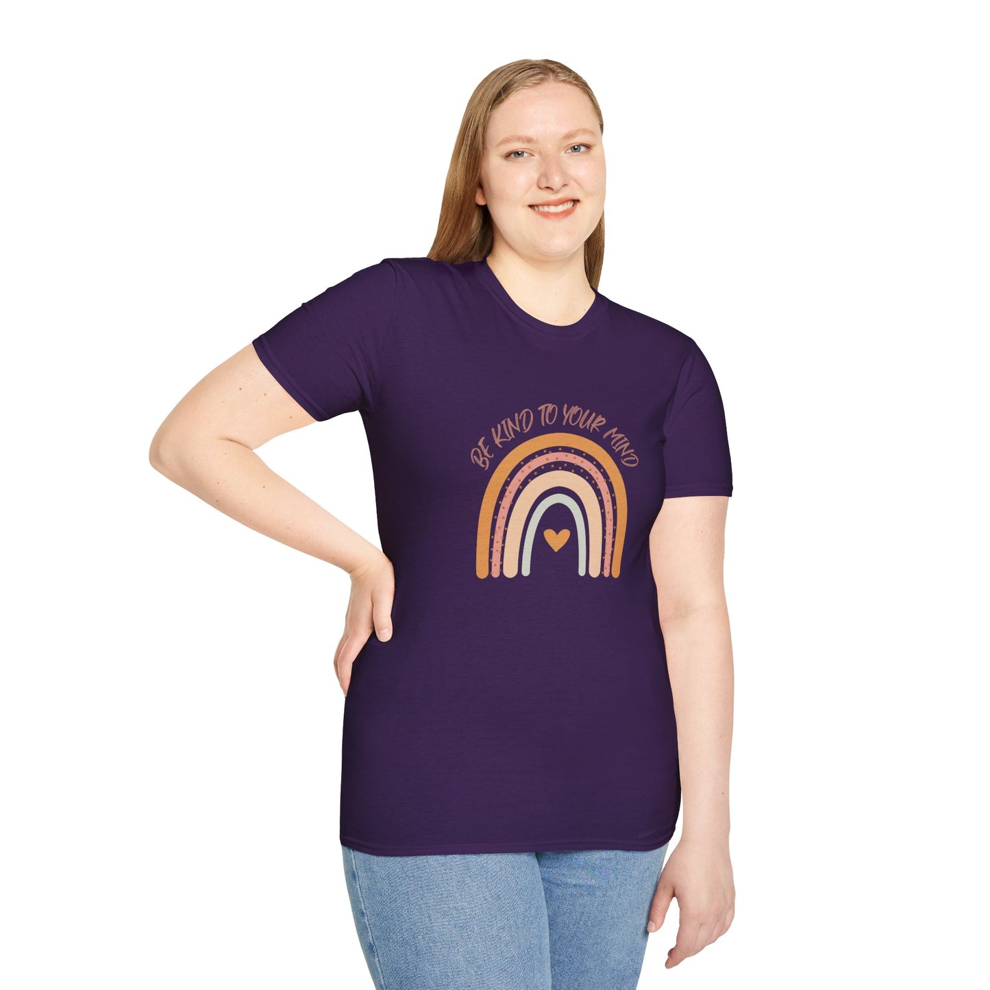 Unisex Softstyle T-Shirt with 'Be Kind to Your Mind' Rainbow Design, Motivational Apparel, Gift for Mental Health Awareness, Self-Care [...]