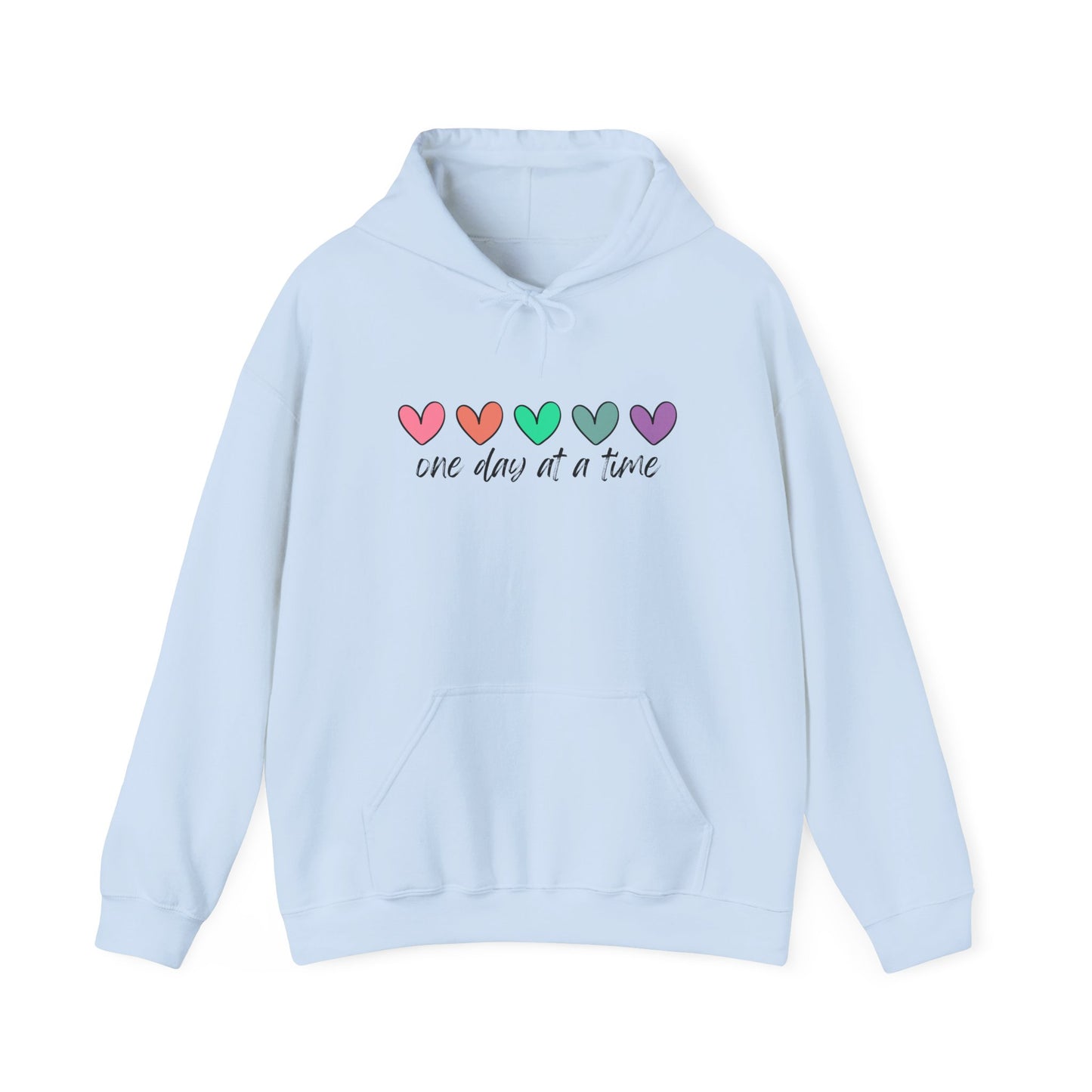 Colorful Heart Sweatshirt - 'One Day at a Time' Inspirational Hoodie, Cozy Gift for Her, Relaxed Style, Self-Care Apparel, Everyday Wear