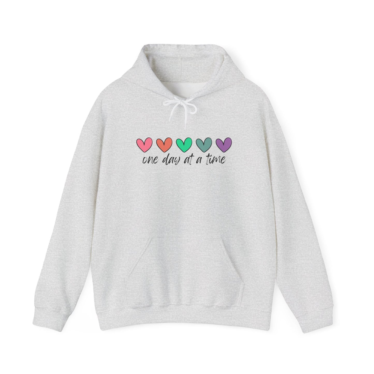Colorful Heart Sweatshirt - 'One Day at a Time' Inspirational Hoodie, Cozy Gift for Her, Relaxed Style, Self-Care Apparel, Everyday Wear