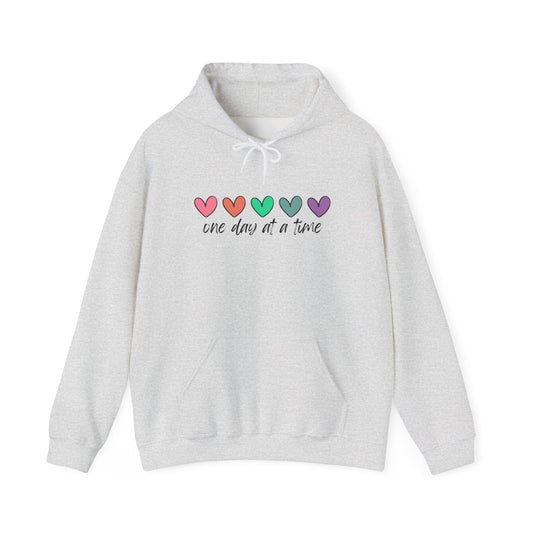 Colorful Heart Sweatshirt - 'One Day at a Time' Inspirational Hoodie, Cozy Gift for Her, Relaxed Style, Self-Care Apparel, Everyday Wear