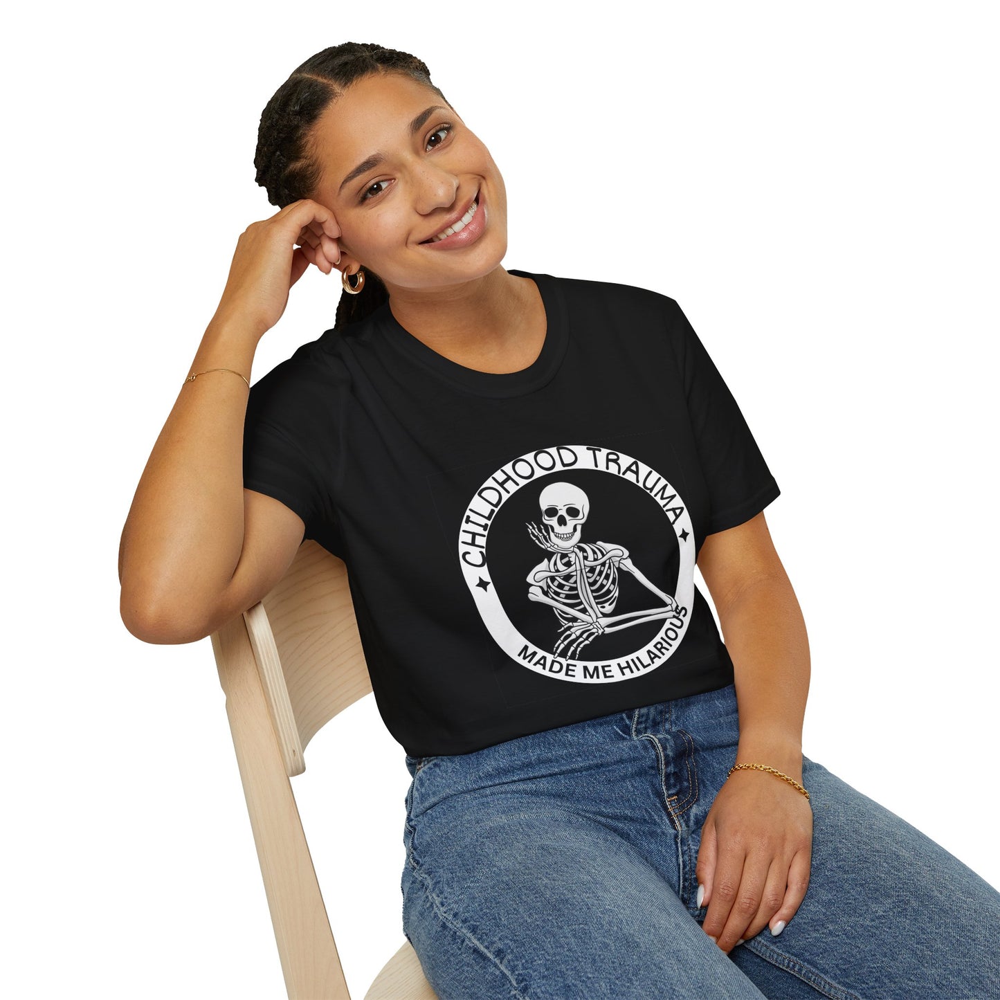 Funny Skeleton T-Shirt - Childhood Trauma Made Me Hilarious, Unisex Softstyle Tee