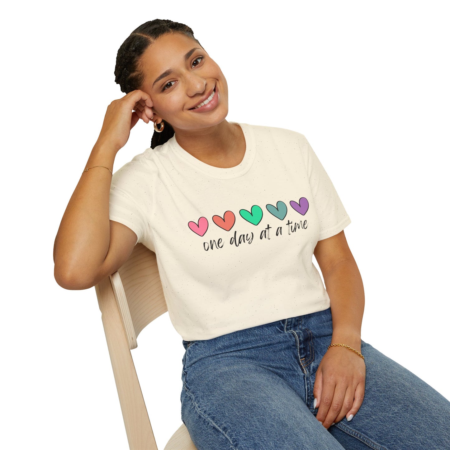 Colorful Heart T-Shirt - One Day at a Time, Cute Casual Tee, Positive Affirmation Clothing, Gift for Friends, Everyday Wear