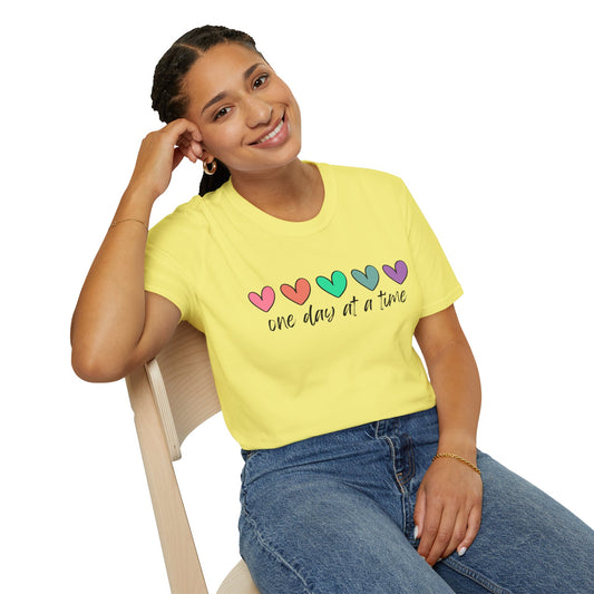 Colorful Heart T-Shirt - One Day at a Time, Cute Casual Tee, Positive Affirmation Clothing, Gift for Friends, Everyday Wear